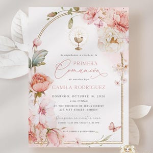 EDITABLE Invitación de Primera Comunión Niña Pink Flores Primera Holy Communion Invitation In Spanish Florístico Comunión Para Imprimir MILA