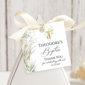 THEODORE - Greenery Gold Baptism Favor Tags Template, Editable Sage Green Baptism Favor Tags, Printable Thank you tags Boy Baptism Gift Tags