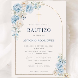 Invitaciones Bautizo Niño Azul Dorado Convite de Bautizo imprimible Azul Dourado Convite de Batismo Menino em Espanhol EDITÁVEL Bautizo Convite