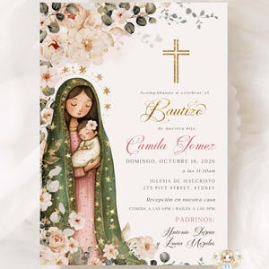 Virgen de Guadalupe Invitacione Bautizo Niña Nina Baptism Invitation Girl Spanish Guadalupe Gold Bautizo Invitation EDITABLE Para Imprimir