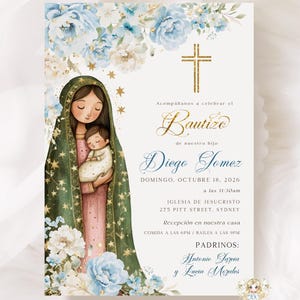Virgen de Guadalupe Invitacione Bautizo Niño Baptism Invitation Boy Spanish Guadalupe Azul Dorado Bautizo Invitation EDITABLE Imprimible