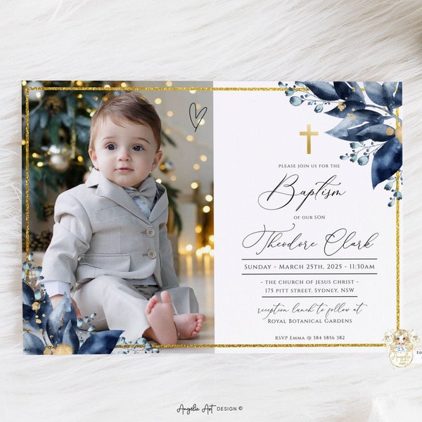 ST PETER - Blue Gold Baptism Photo Invitation, PHOTO Baptism Invite Template, Editable Boy Baptism Invitation, Christening Printable