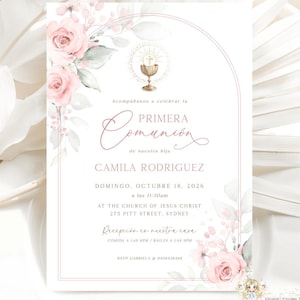 AMELIA - Invitación Primera Comunión Niña Pink Flores Primera Holy Communion Invitation In Spanish Florístico Comunión EDITABLE Imprimible