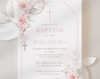 DELICATE Blush Pink Floral Baptism Invitation Template Girl EDITABLE Printable Greenery Soft Pink Arch Frame Rosary Baptism Invite Template