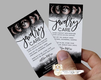 Editable Jewelry Care Cards Template Rose Gold Moon Printable Care Instructions Small Business Insert Black Jewelry Card Insert