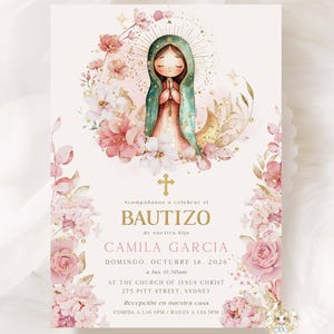 Virgen de Guadalupe Floral Invitacione Bautizo Niña Nina Baptism Invitation Girl Spanish Guadalupe Bautizo Invitation EDITABLE Para Imprimir