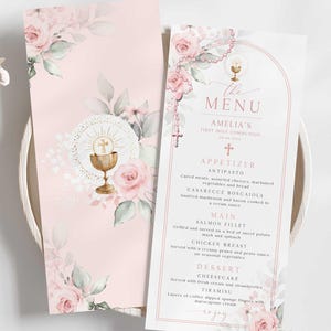AMELIA - Editable Blush Pink Floral Rosary First Holy Communion Menu Template Printable Blush Communion Menu DIY Menu Christening Baptism