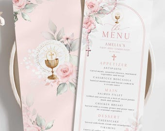 AMELIA - Editable Blush Pink Floral Rosary First Holy Communion Menu Template Printable Blush Communion Menu DIY Menu Christening Baptism