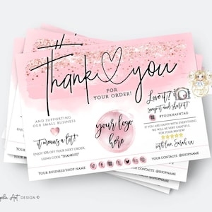 Blush Pink Glitter Business Dankeschön Vorlage für die Insert-Karte, bearbeitbare Pink Business Insert Card, Verpackung Danke für Ihre Bestellung Fügen Sie das LOGO hinzu