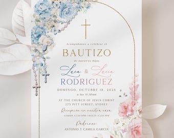 Rosa Azul Invitaciones Bautizo Niños Invitacion de Bautizo Niña y Niño Imprimible, Pink Blue Spanish Baptism EDITABLE Invite Boy Girl Twins