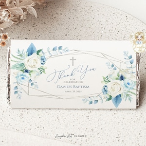 OLIVER - Blue Silver Floral Baptism Chocolate Wrapper Template EDITABLE Baptism Favor Tags Printable Blue Chocolate Bar Label Baptism Gift