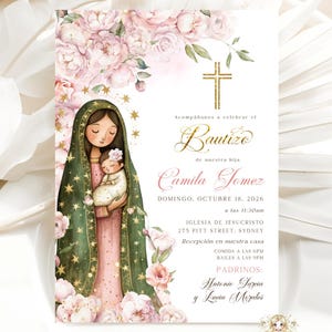 Virgen de Guadalupe Invitacione Bautizo Niña Spanish Baptism Invitation Girl Pink Peonies Guadalupe Bautizo Invitation EDITABLE Imprimible