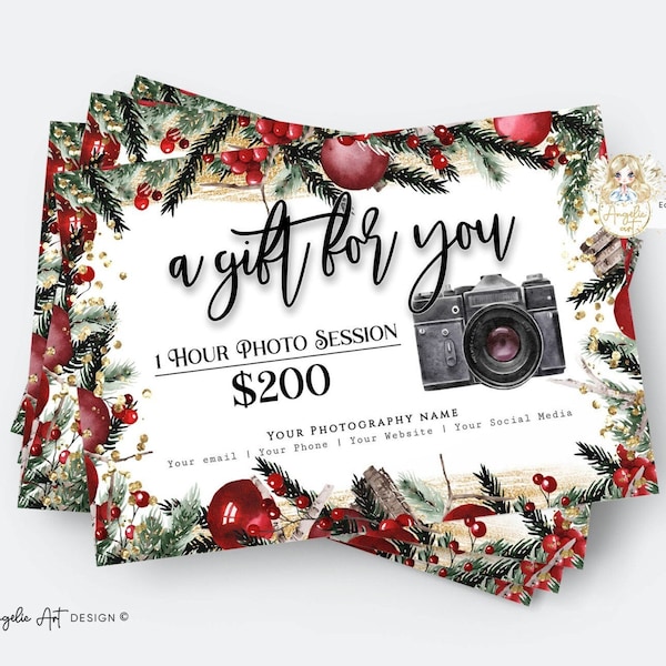 Red Green Gold Christmas Photography Gift Certificate Template, Holiday Photography Editable gift card, Photo session voucher card Printable