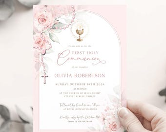 AMELIA - Soft Pink Rosary First Holy COMMUNION Girl Invitation Template, EDITABLE Printable Invite