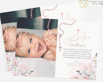 MIA - Floral Blush Pink Girl Baptism Thank You Card Template with Photo, EDITABLE Printable Rosary Orchid Christening Girl Photo Thank You