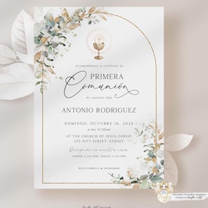 Verde Dorado Invitación de Primera Comunión Niño Green Gold Eucalyptus Holy Communion Spanish Boy EDITABLE Primera Comunión Imprimible - KAI