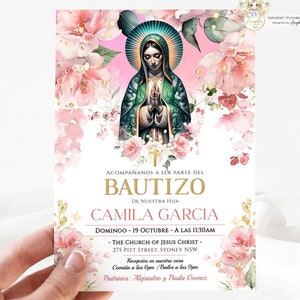 Editable Invitacione De bautizo Niña Virgen de Guadalupe Baptism Invitation Girl Spanish Pink Gold Bautizo Invitation Para Imprimir BELLE