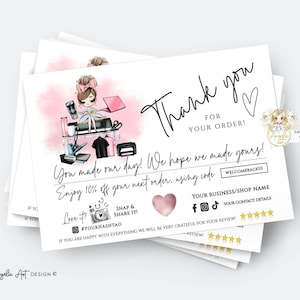 Modello di biglietto di ringraziamento per attività artigianali stampabile modificabile Modello di biglietto di inserimento aziendale fai da te rosa per Cricut T-shirt Tumbler Makers Card