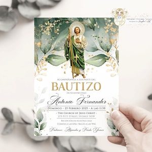 San Judas Invitación Bautizo, Greenery Gold Invitacion de Bautizo imprimible, Spanish Baptism, EDITABLE San Judas Bautizo Niño Niña