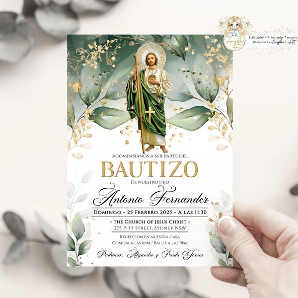 San Judas Invitación Bautizo, Greenery Gold Invitacion de Bautizo imprimible, Spanish Baptism, EDITABLE San Judas Bautizo Niño Niña