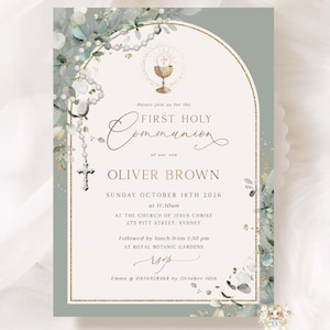 ELIJAH - SAGE Green Golden Arch First Communion Invite Greenery Gold Eucalyptus COMMUNION Invitation Template Boy Girl Editable Printable