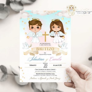 Invitaciones Bautizo Niño y Niña, Invitacion de bautizo imprimible, Convite de Batismo Angélico Menino Menina Espanhol EDITÁVEL