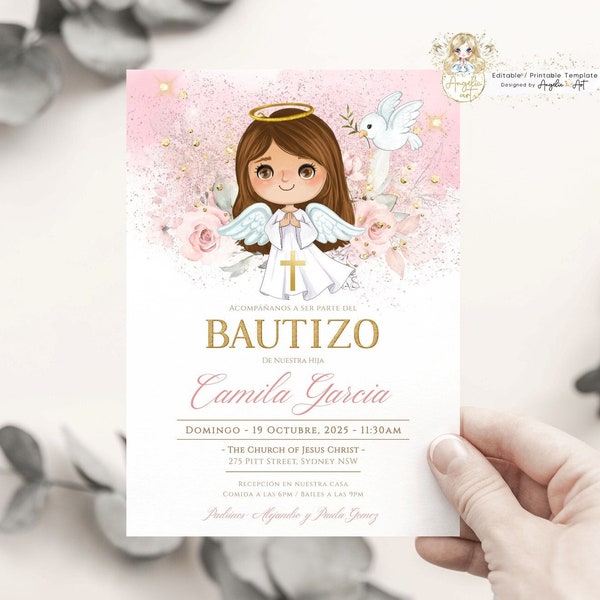 Floral Baptism Invitation Girl Spanish Invitacione De bautizo Niña Pink Gold Angel Bautizo Invitation EDITABLE Para Imprimir