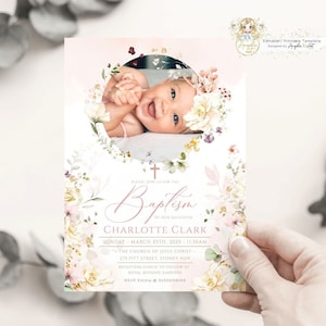 EMMA - Creamy Floral Beige Girl Baptism Invitation Template with Photo Baptism Christening Invite, Blush Floral Baptism EDITABLE Printable