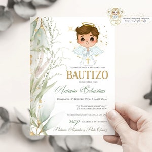 Invitaciones Bautizo Niño Greenery Gold Invitacion de bautizo imprimible Angelic Baptism Invitation Boy Spanish EDITABLE