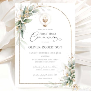 ROWAN Golden Arch Holy Communion Invite Greenery Gold First COMMUNION Invitation Template Boy EDITABLE Printable Green Gold Communion Invite