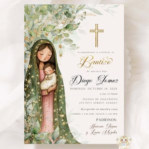 Virgen de Guadalupe Invitacione Bautizo Niño Nino Baptism Invitation Boy Spanish Guadalupe Gold Bautizo Invitation EDITABLE Para Imprimir