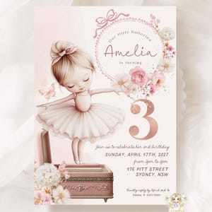 May include: A pink and white birthday invitation featuring a ballerina illustration. The invitation includes the text "Our little ballerina Amelia is turning 3." The design incorporates floral elements and a decorative jewelry box.