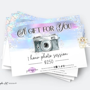 AURORA - modèle de chèque-cadeau photographie pastel holographique rose violet carte-cadeau photographie bon de séance photo MODifiable imprimable