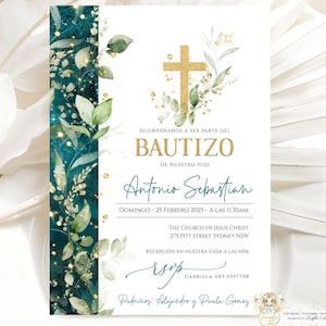 Invitaciones Bautizo Niño Verde Dorado Invitacion de Bautizo Imprimible Greenery Gold Baptism Invitation Boy Spanish EDITABLE Template