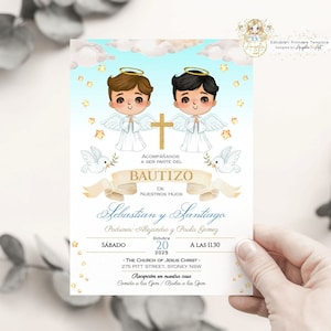 Invitaciones Bautizo Niños, Invitacion de bautizo imprimible, Convite para Batismo Angélico Meninos Hijos Espanhol EDITÁVEL