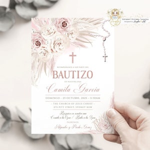 LUNA - Boho Bautizo Invitation Boho Floral Pink Photo Invitacione De bautizo Niña Baptism Invitation Girl Spanish EDITABLE Para Imprimir