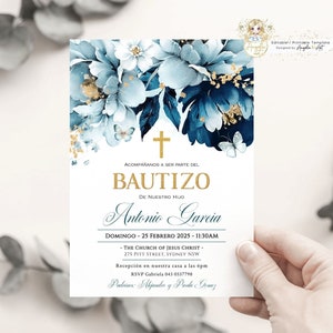 LIAM - Bautizo Niño Invitacione De Bautizo Niño - Floral Blue Gold Baptism Invitation Boy Spanish - Editable Para IMPRIMIR Bautizo Nino