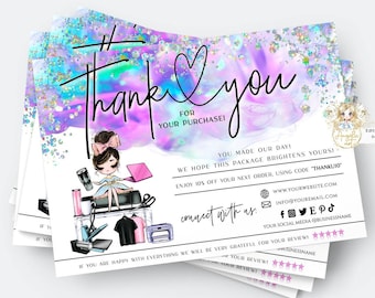 COLIBRI - Crafter Business Thank You Card Template, Editable Printable Craft Business Insert HOLOGRAPHIC Purple Unicorn Tshirt Tumbler Maker