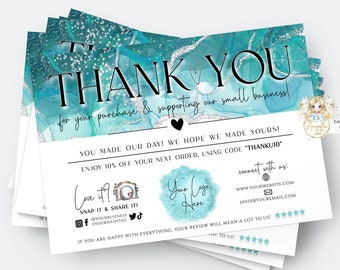 SIREN - Teal Silver Business Thank You Card Template Aqua Insert Card Template, Editable Teal Small Business Packaging Insert Card Printable