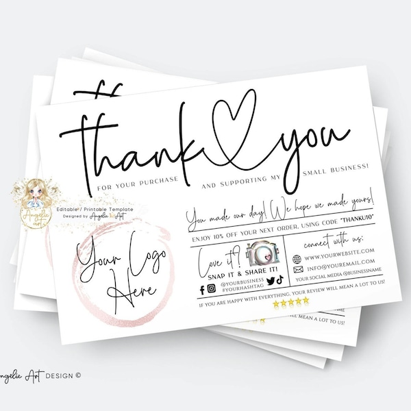 Editable SIMPLE Business Thank You For Your Order Insert card Template Modern Simple Insert Card Packaging Thank You For Purchase Add LOGO