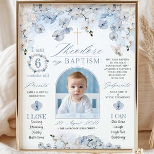 Blue White Orchid Baptism Chalkboard Milestone Sign Template Boy EDITABLE Printable Personalized Baptism Gift Milestone Add Photo - OR05