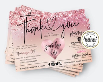 GLAM - Editable Rosegold Glitter Business Thank You Insert card • Add LOGO Modern Insert Card Template • Packaging Thank You For Your Order