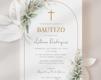Editable Invitaciones Bautizo Niño, Verde Dorado Spanish Baptism Invitation Boy Editable - ROWAN