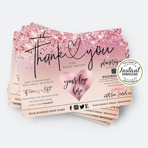 GLAM - Editable Rosegold Glitter Business Thank You Insert card Add LOGO Modern Insert Card Template Packaging Thank You For Your Order