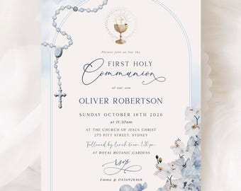 Blue White Orchid Floral First COMMUNION Invitation Boy Template, EDITABLE Printable Arch Frame Rosary Invite OR05