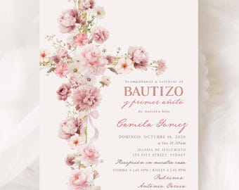 Pink Floral Cross Invitación De Bautizo Primer Añito Niña, Spanish Invitation EDITABLE Template - OLIVIA