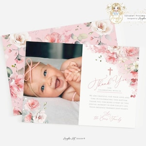 BELLE - Floral Blush Pink Mädchen Taufe Dankeschön Karte Vorlage mit Foto, EDITIERBARE druckbare Rosa Grün Tauffoto Dankeschön Karte
