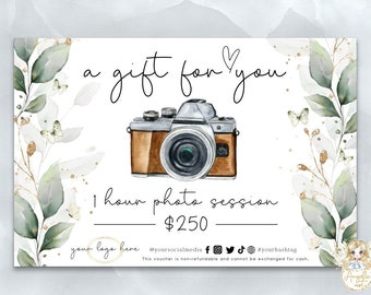 Editable Printable Photography Gift Certificate Template Greenery Photography Gift Card Template Photo session Gift card Photo Voucher