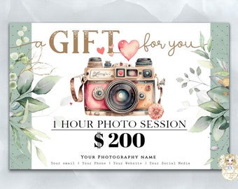 Photography Gift Certificate Template, Vintage Camera Photography Gift Card, Photo session Gift card, EDITABLE Printable Photo Voucher