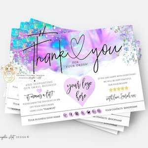 COLIBRI - Negocio editable gracias HOLOGRAPHIC Glitter Unicorn Modern Business Insert tarjeta plantilla imprimible DIY Business Gracias